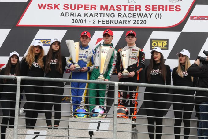 WSK Super Master Series op Adria Karting Raceway podium OK Hiltbrand Barnard Van t Hoff