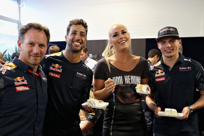Lindsey Vonn Red_Bull_Racing F1 Christian Horner, Daniel Ricciardo Max Verstappen