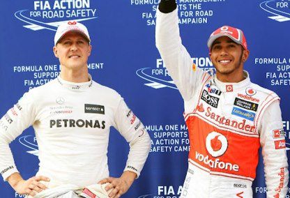 Michael Schumacher en Lewis Hamilton podium