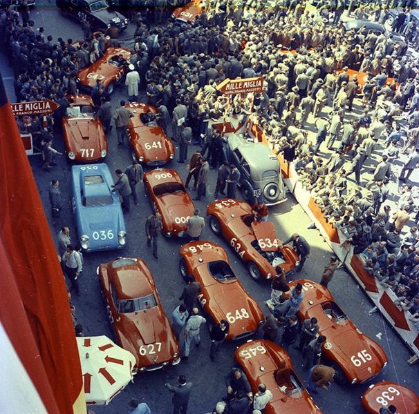 Various Maseratis at the start of the Mille Miglia in 1955