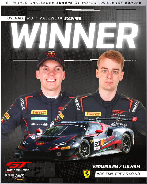 GT World Challenge Europe Sprint Cup Valencia - Overall winnaars Thierry Vermeulen en Chris Lulham #69 Emil Frey Racing Ferrari 296 GT3 van Verstappen.com Foto 1